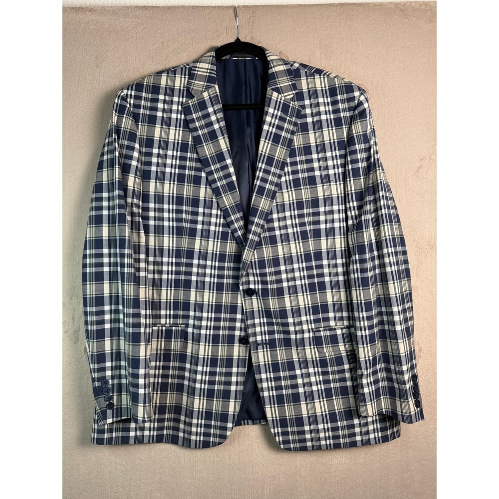 Lauren Ralph Lauren Mens 46R Plaid Blazer Navy White Cotton Sport Coat Jacket